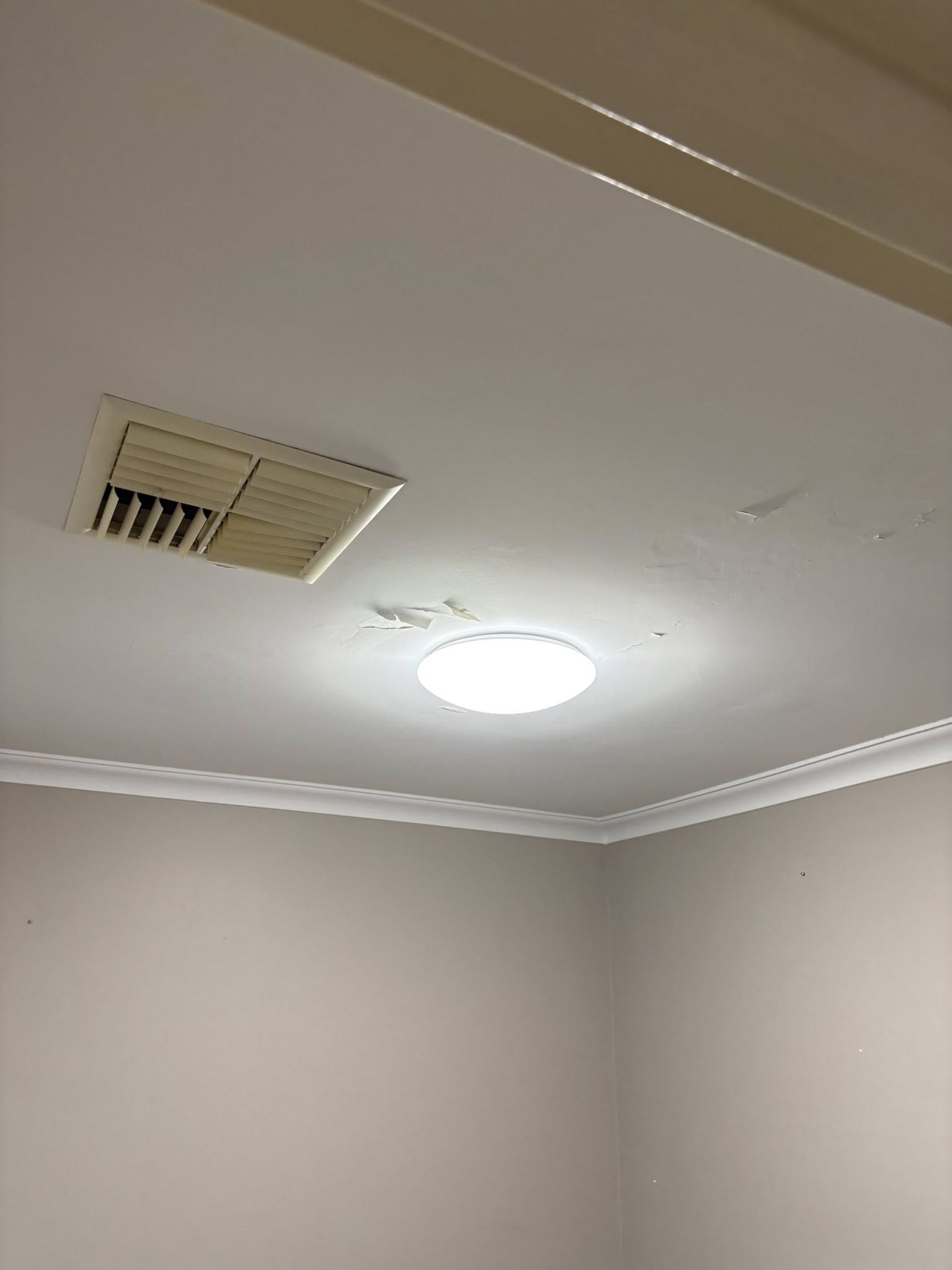 Ceiling with peeling paint around light fitting